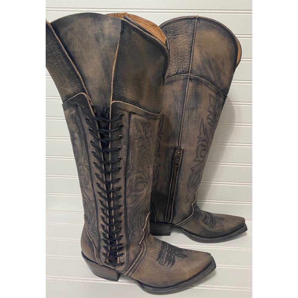FreeBird New Wesley Black Gray Leather Lace Up Western Boho Boots Womens Size 6 - Picture 2 of 8